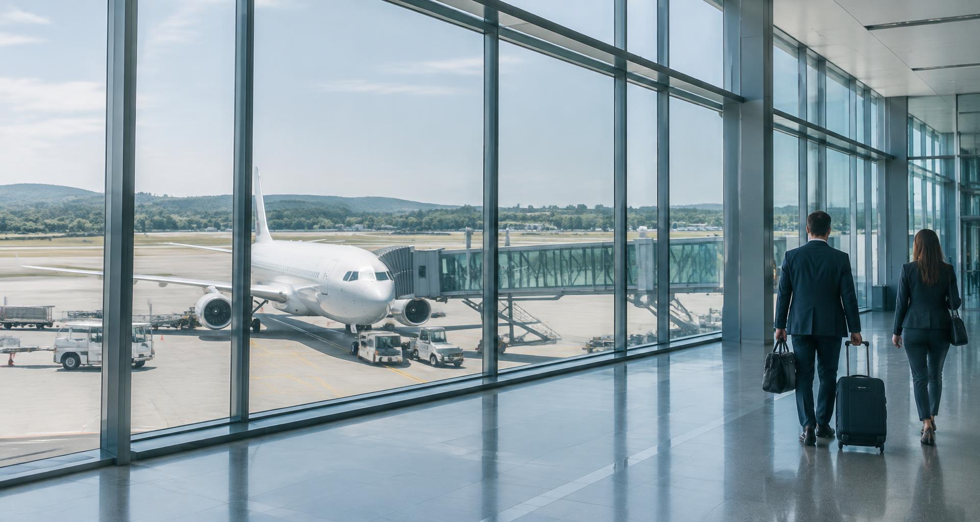 Business travellers walking through a sunlit airport terminal beside a departing aircraft